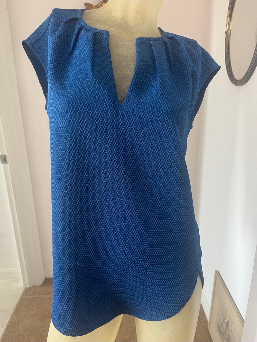 J. Crew Blue Textured Split V-Neck Cap Sleeve Top